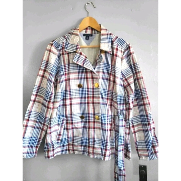 Tommy Hilfiger Jackets & Blazers - Tommy Hilfiger Rain Coat Womens Large Blue Plaid Double Breast Gold Buttons NWT
